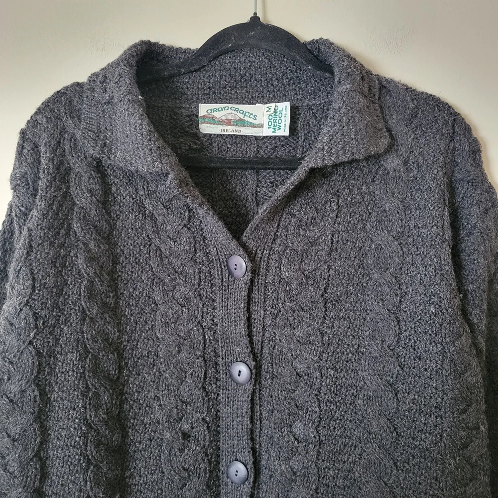 Vintage Aran Merino Wool Cable Knit Fisherman Cardigan Grey - Picture 3 of 8